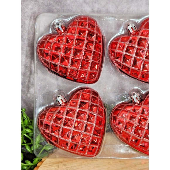 Valentines Day Ornaments‎ Red Pink Glitter Hearts 3.25" Plastic Criss Cross 6 Pc - Picture 3 of 6